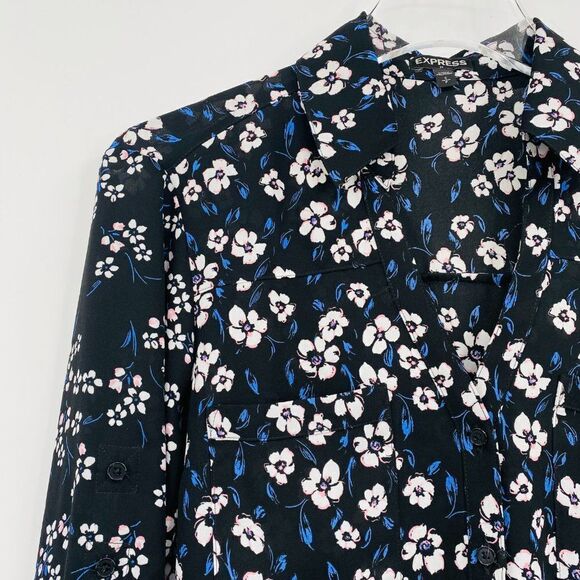 Express Size Small Black & Blue Floral Long Sleeve Button Down Career Blouse Top - Picture 4 of 9